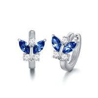 wholesale 925 Sterling Silver Blue Simulated Aquamarine Crystal Butterfly Huggie Earrings- Rhodium Plated
