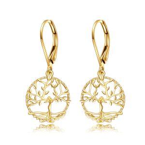 14K Solid Gold Tree of Life Dangle Drop Earrings-0