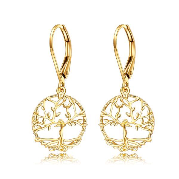 14K Solid Gold Tree of Life Dangle Drop Earrings-0