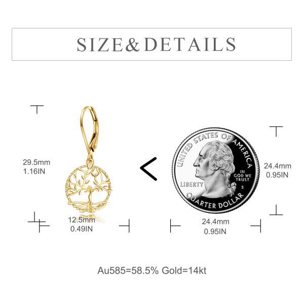 14K Solid Gold Tree of Life Dangle Drop Earrings-1