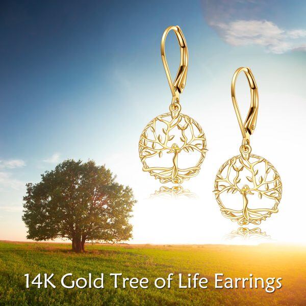 14K Solid Gold Tree of Life Dangle Drop Earrings-2