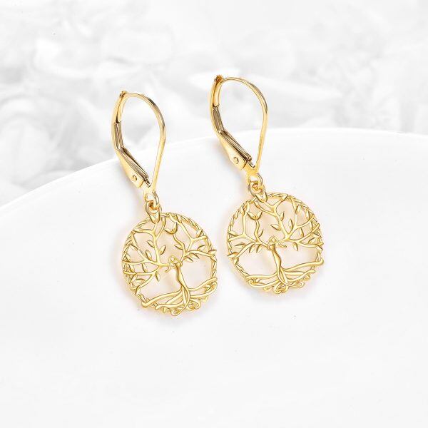 14K Solid Gold Tree of Life Dangle Drop Earrings-4