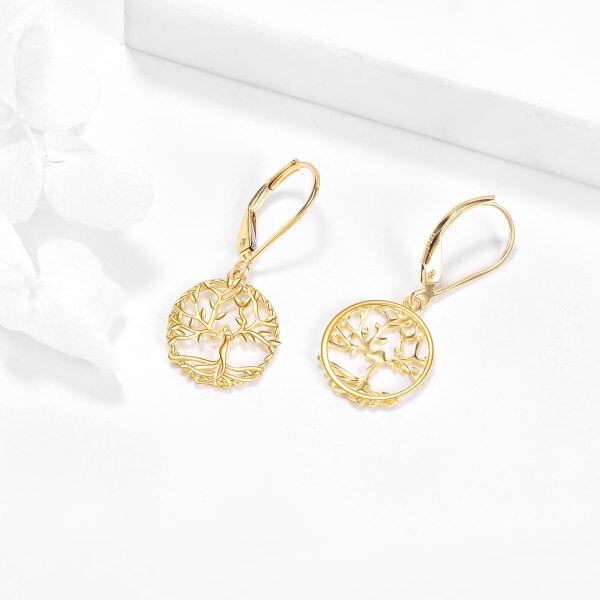 14K Solid Gold Tree of Life Dangle Drop Earrings-5