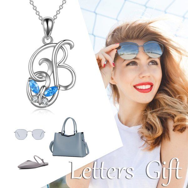 Sterling Silver "B" Initial Butterfly Pendant Necklace-2