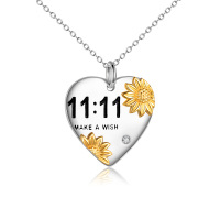 wholesale 925 Sterling Silver Metal Stone Sunflower Heart Pendant Necklace for Daughter Grandma Wife Sister Mother Gift- Two Tone