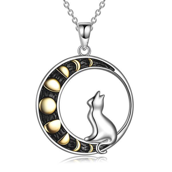 Sterling Silver Cat Moon Pendant Necklace-0