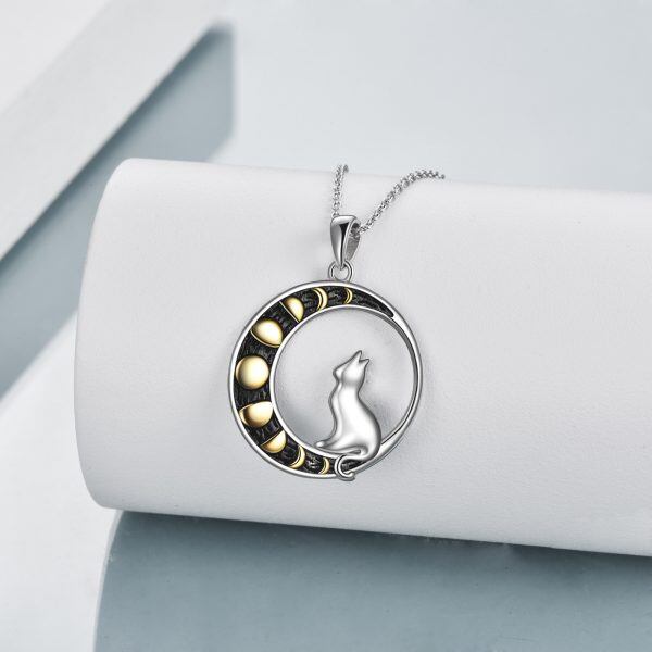 Sterling Silver Cat Moon Pendant Necklace-3