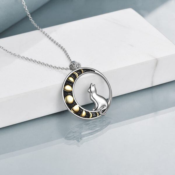 Sterling Silver Cat Moon Pendant Necklace-4