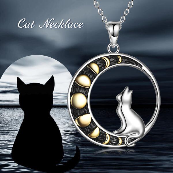 Sterling Silver Cat Moon Pendant Necklace-5