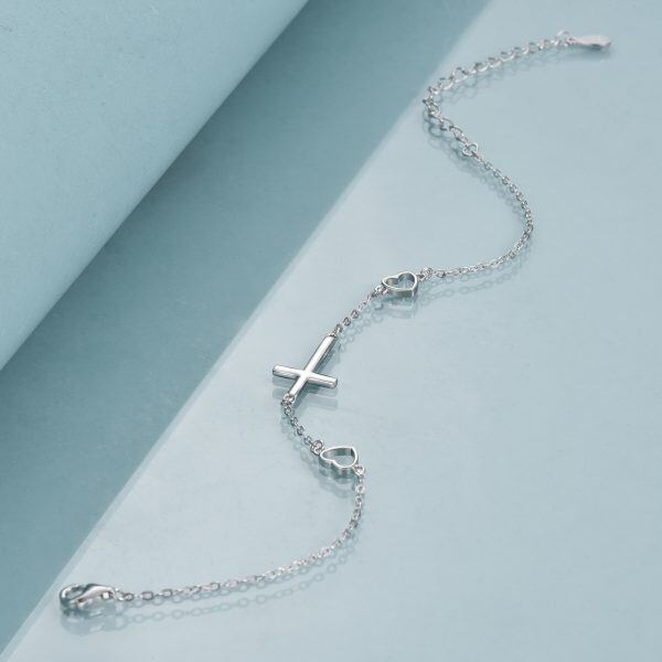 Sterling Silver Cross Heart Chain Bracelet-4