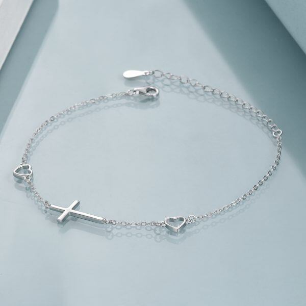 Sterling Silver Cross Heart Chain Bracelet-5