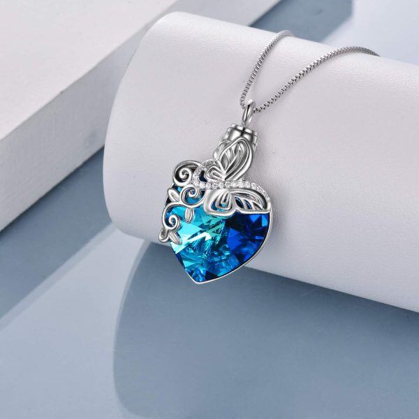 Sterling Silver Butterfly Heart Crystal Urn Necklace-3