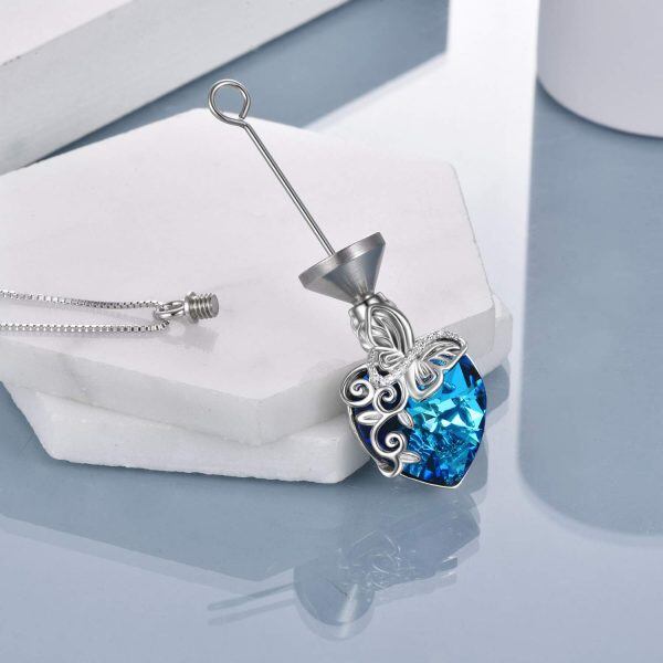 Sterling Silver Butterfly Heart Crystal Urn Necklace-4