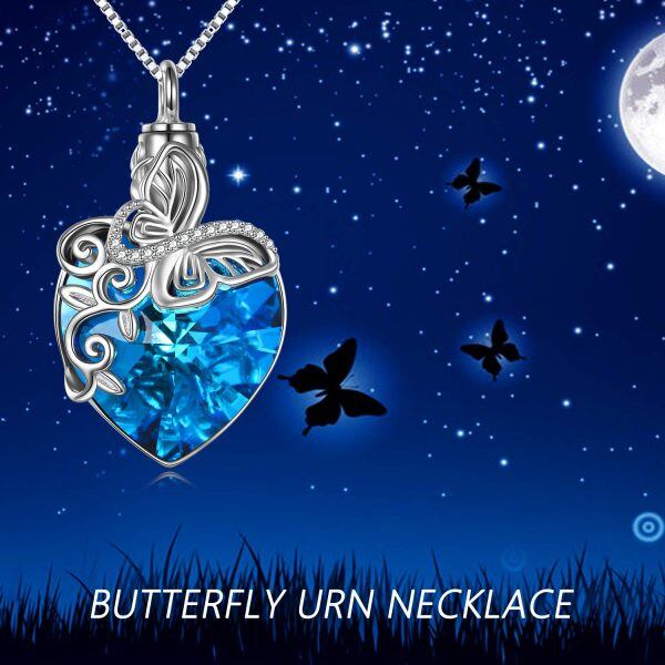 Sterling Silver Butterfly Heart Crystal Urn Necklace-5