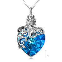 wholesale 925 Sterling Silver Blue Crystal Heart-Shaped Butterfly Pendant Necklace for Women- Rhodium Plated