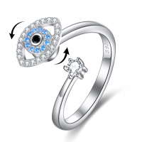 wholesale 925 Sterling Silver Evil Eye Adjustable Ring with Blue Stones - Anxiety Relief Jewelry- US # 7