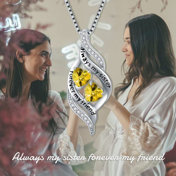 Sterling Silver November Birthstone Pendant Necklace With Heart Yellow Zirconia For Sister-5