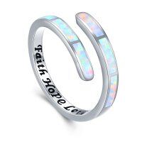wholesale 925 Sterling Silver White Fire Opal Engraved Faith Hope Love Adjustable Stackable Rings s for Women Girls- US # 8