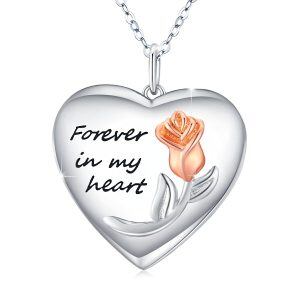 Sterling Silver Rose Flower Heart Locket Necklace-0