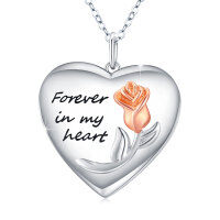 wholesale 925 Sterling Silver Rose Flower Heart Locket Pendant with Photo Frame - Forever In My Heart Keepsake s for Her- Two Tone