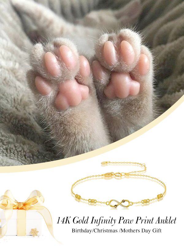 14K Solid Gold Infinity Paw Print Anklet Bracelet-5