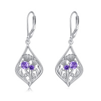 wholesale 925 Sterling Silver Purple Crystal Scottish Thistle Drop Earrings for Women Girl's Gift- Rhodium Plated