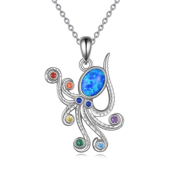 Sterling Silver Octopus Opal Pendant Necklace-0