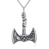 wholesale 925 Sterling Silver Viking Thors Hammer Pendant Necklaces with Wolf and Raven Design Gifts for Men- Oxidized/Oxidised