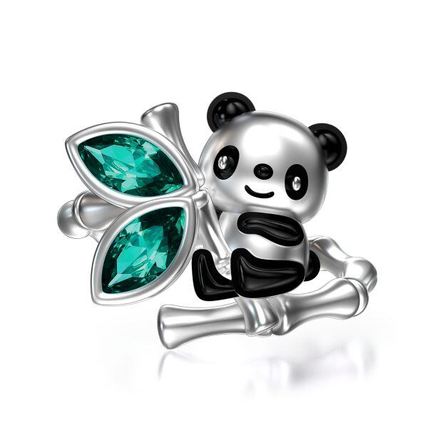 Sterling Silver Panda Bamboo Stacking Rings With Crystal-0