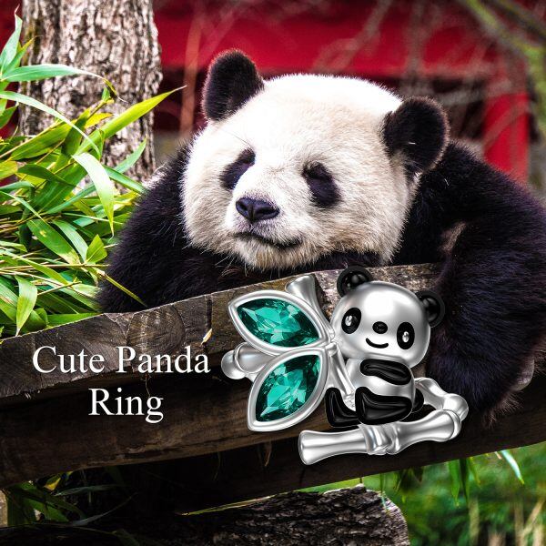 Sterling Silver Panda Bamboo Stacking Rings With Crystal-2