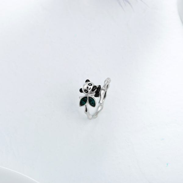 Sterling Silver Panda Bamboo Stacking Rings With Crystal-4