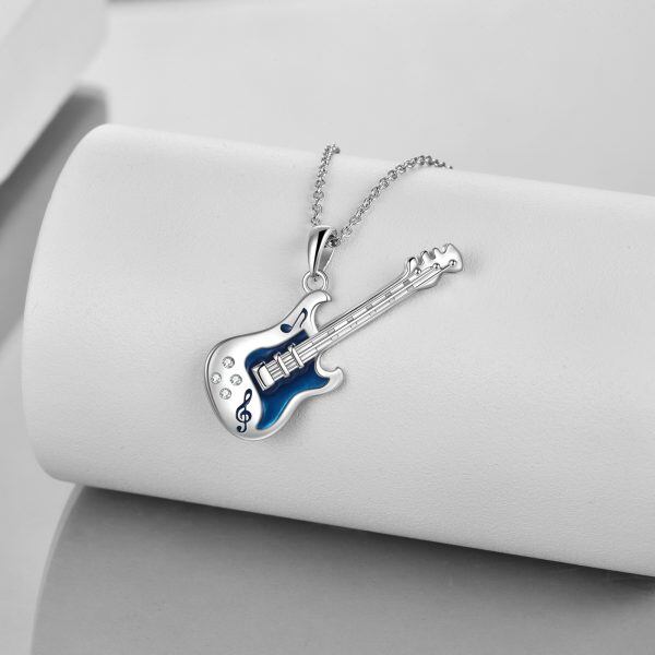 Sterling Silver Rock Blue Guitar Pendant Necklace-3