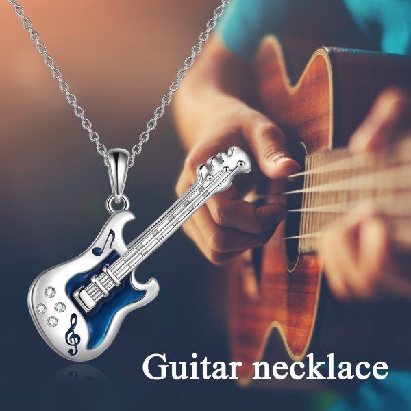 Sterling Silver Rock Blue Guitar Pendant Necklace-5