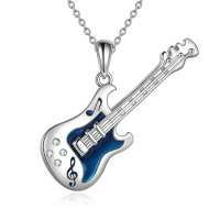 wholesale 925 Sterling Silver Blue Enamel Electric Guitar Pendant Necklace with Cubic Zirconia Stones for Musicians and Lovers s for Men & Women- Rhodium Plated