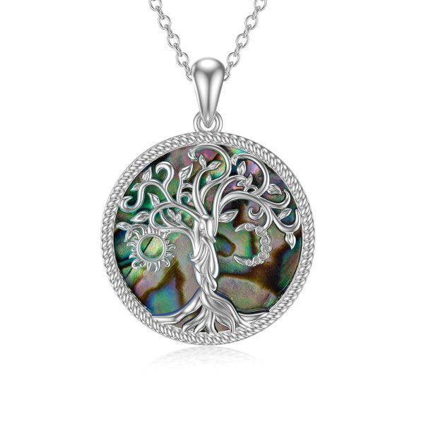 Sterling Silver Moon&Sun Tree of Life Pendant Necklace With Abalone Shell-0