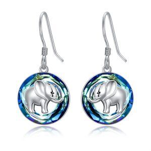 Sterling Silver Elephant Dangle Earrings With Circle Crystal-0