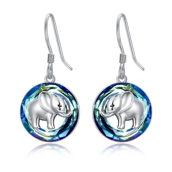 Sterling Silver Elephant Dangle Earrings With Circle Crystal-0