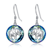 wholesale 925 Sterling Silver Blue Crystal Elephant Drop Earrings for Women  4cm Long- Rhodium Plated
