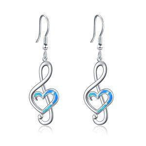 Sterling Silver Opal Music Note Dangle Earrings-0