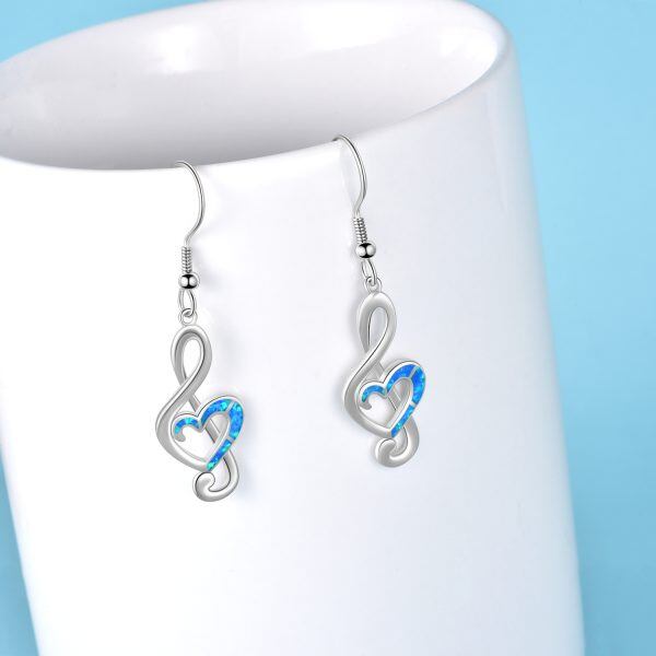 Sterling Silver Opal Music Note Dangle Earrings-3