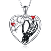 wholesale 925 Sterling Silver Red Crystal Gothic Skeleton Heart Pendant Necklaces for Women Halloween Gifts- Rhodium and Black Rhodium Plated