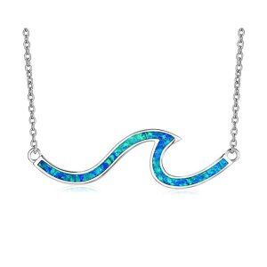 Sterling Silver Opal Ocean Wave Pendant Necklace-0