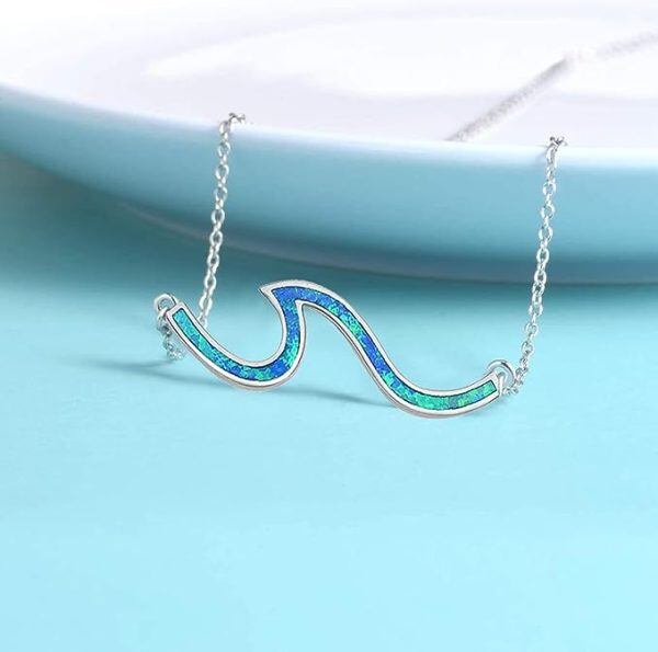 Sterling Silver Opal Ocean Wave Pendant Necklace-3