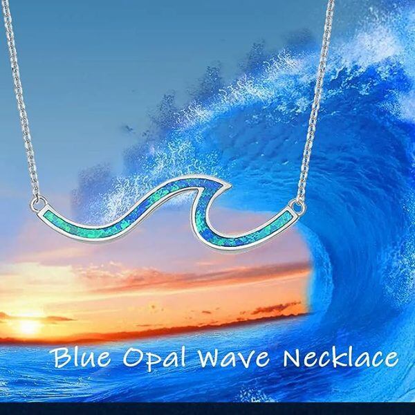 Sterling Silver Opal Ocean Wave Pendant Necklace-5