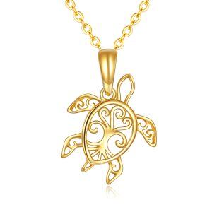 14K Solid Gold Sea Turtles Pendant Necklace-0