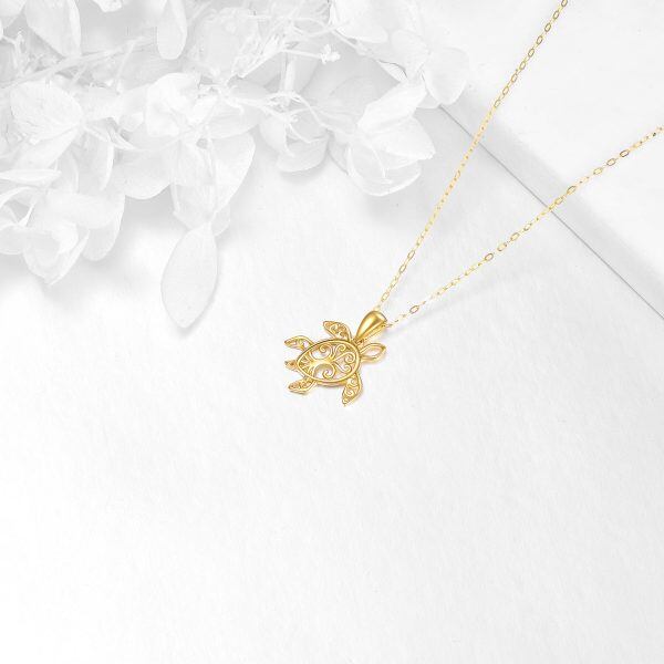 14K Solid Gold Sea Turtles Pendant Necklace-4