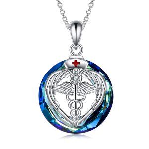 Sterling Silver Caduceus Angel Nursing Pendant Necklace With Blue Crystal-0