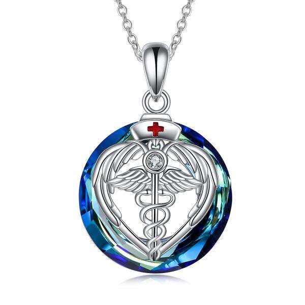 Sterling Silver Caduceus Angel Nursing Pendant Necklace With Blue Crystal-0