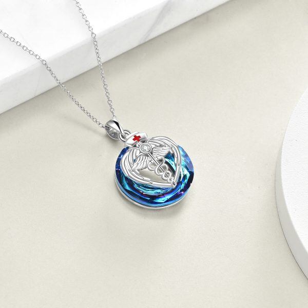 Sterling Silver Caduceus Angel Nursing Pendant Necklace With Blue Crystal-4