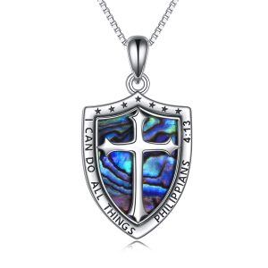 Sterling Silver Shield Armor of God Cross Pendant Necklace With Abalone Shell-0